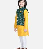 BownBee 3 Piece Jacquard Jacket Silk Kurta Pajama for Boys-Green