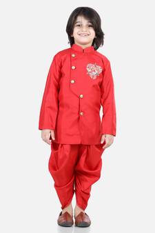 BownBee Hand Embroidered Kurta Dhoti for Boys-Red