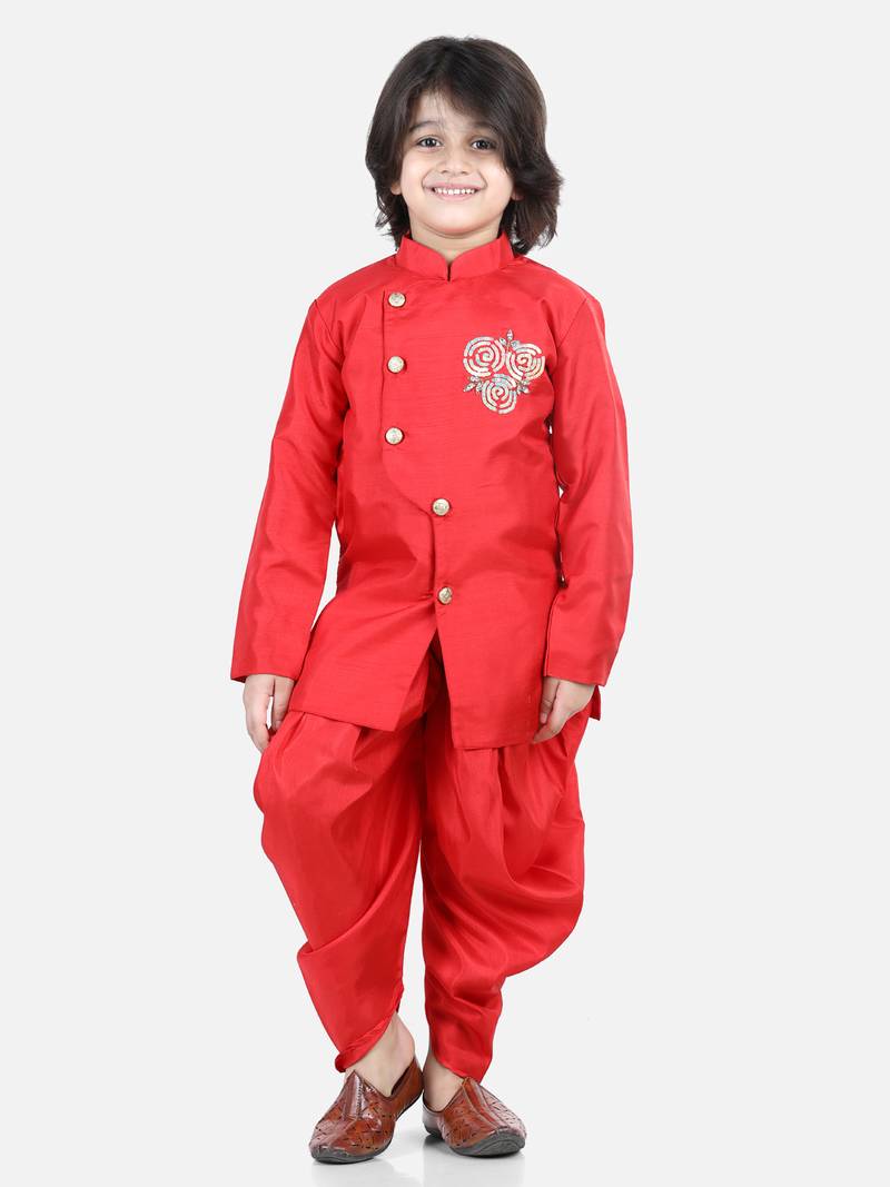 BownBee Hand Embroidered Kurta Dhoti for Boys-Red