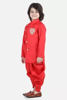 BownBee Hand Embroidered Kurta Dhoti for Boys-Red