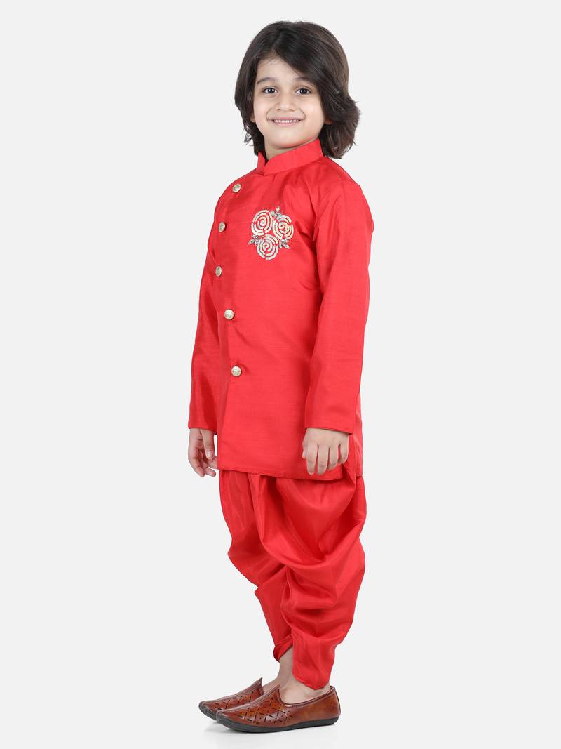 BownBee Hand Embroidered Kurta Dhoti for Boys-Red