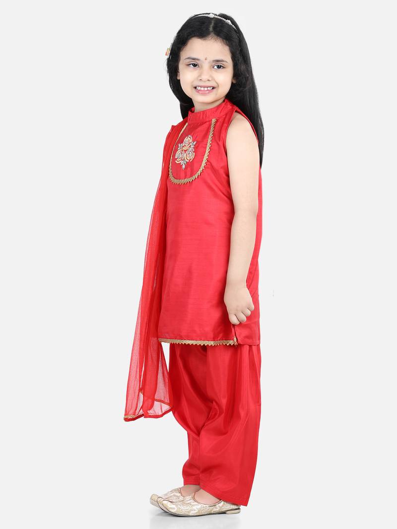 BownBee Hand Embroidered Silk Kurti Salwar for Girls-Red