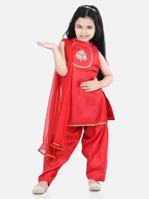BownBee Hand Embroidered Silk Kurti Salwar for Girls-Red 1