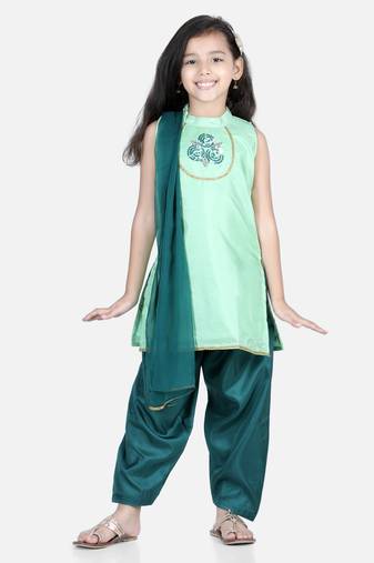 BownBee Hand Embroidered Silk Kurti Salwar for Girls-Green