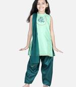 BownBee Hand Embroidered Silk Kurti Salwar for Girls-Green