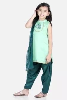BownBee Hand Embroidered Silk Kurti Salwar for Girls-Green