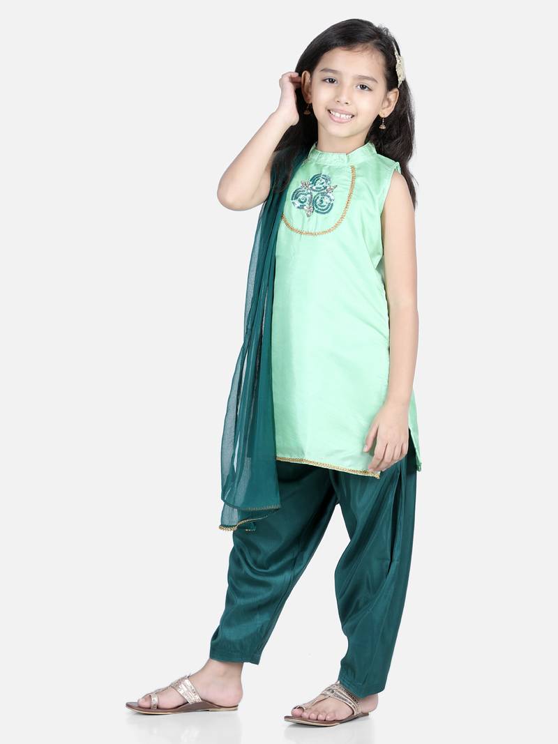 BownBee Hand Embroidered Silk Kurti Salwar for Girls-Green