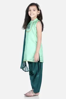 BownBee Hand Embroidered Silk Kurti Salwar for Girls-Green