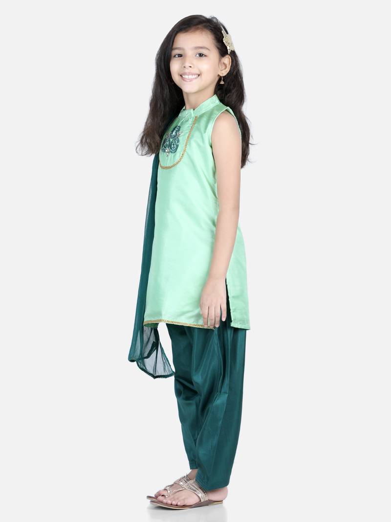 BownBee Hand Embroidered Silk Kurti Salwar for Girls-Green