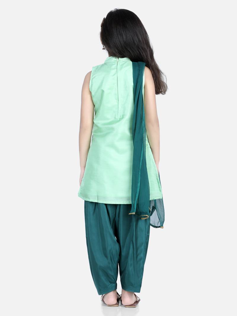 BownBee Hand Embroidered Silk Kurti Salwar for Girls-Green