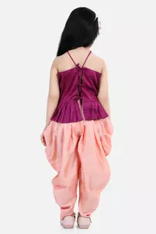 BownBee Hand Embroidered Grecian Neck Top Dhoti for Girls- Purple