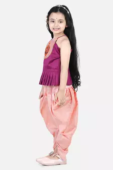 BownBee Hand Embroidered Grecian Neck Top Dhoti for Girls- Purple