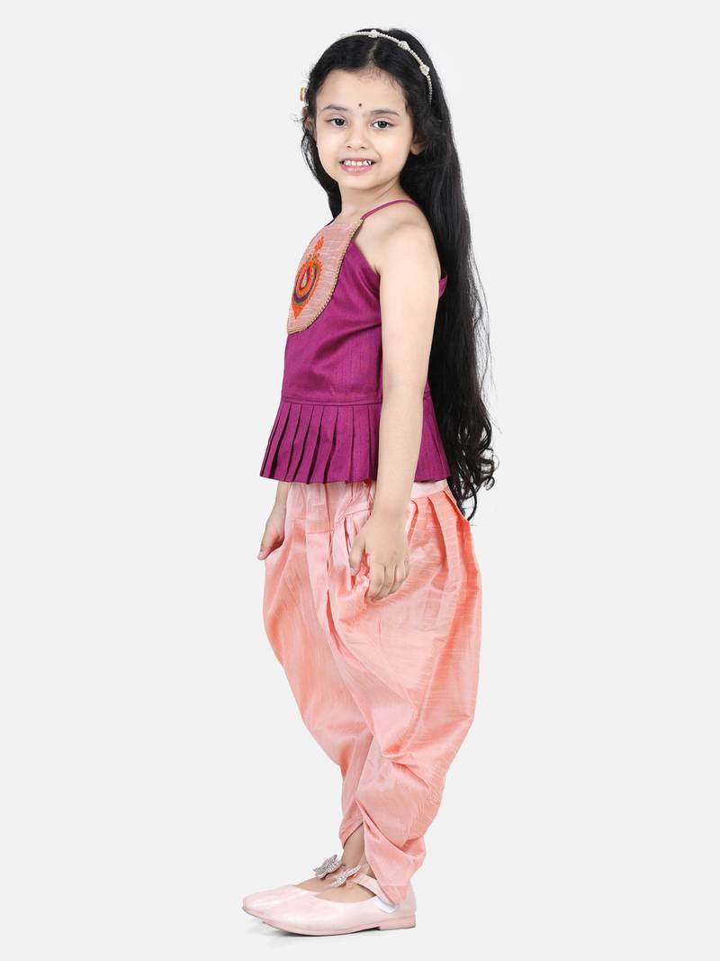 BownBee Hand Embroidered Grecian Neck Top Dhoti for Girls- Purple