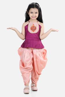 BownBee Hand Embroidered Grecian Neck Top Dhoti for Girls- Purple