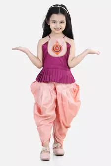 BownBee Hand Embroidered Grecian Neck Top Dhoti for Girls- Purple