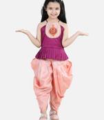 BownBee Hand Embroidered Grecian Neck Top Dhoti for Girls- Purple