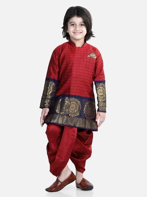 BownBee Full Sleeve Silk Border Dhoti Kurta for Boys- Maroon 1