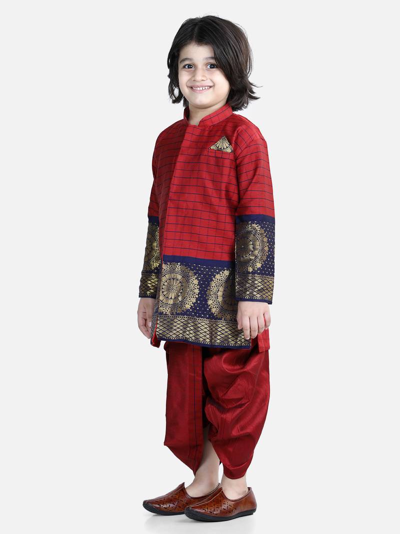 BownBee Full Sleeve Silk Border Dhoti Kurta for Boys- Maroon
