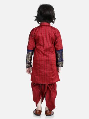 BownBee Full Sleeve Silk Border Dhoti Kurta for Boys- Maroon 3