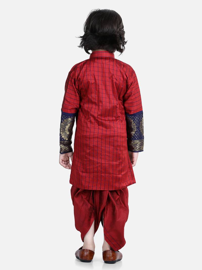BownBee Full Sleeve Silk Border Dhoti Kurta for Boys- Maroon
