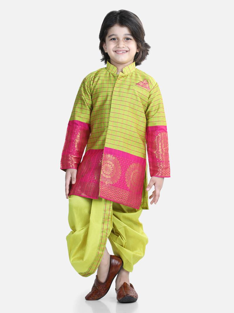 BownBee Full Sleeve Silk Border Dhoti Kurta for Boys- Yellow