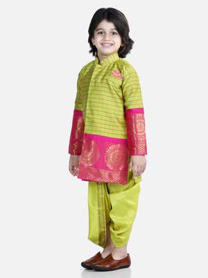 BownBee Full Sleeve Silk Border Dhoti Kurta for Boys- Yellow 1