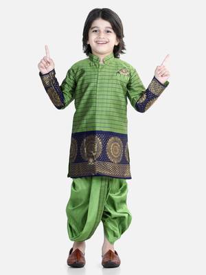 BownBee Full Sleeve Silk Border Dhoti Kurta for Boys- Green 1