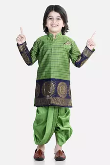 BownBee Full Sleeve Silk Border Dhoti Kurta for Boys- Green