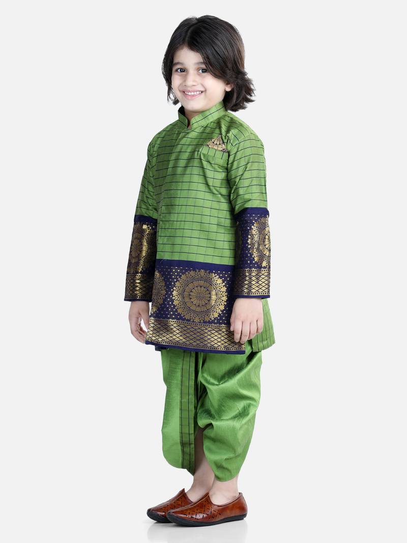 BownBee Full Sleeve Silk Border Dhoti Kurta for Boys- Green