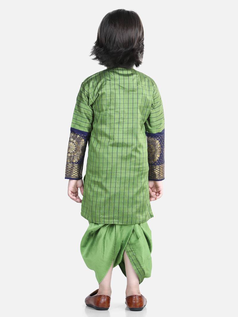 BownBee Full Sleeve Silk Border Dhoti Kurta for Boys- Green