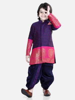 BownBee Full Sleeve Silk Border Dhoti Kurta for Boys- Purple 1