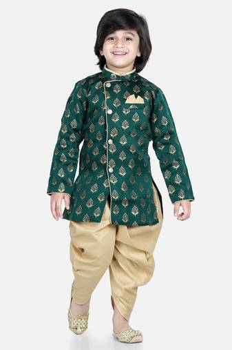 BownBee Full Sleeve Jacquard Sherwani for Boys- Green