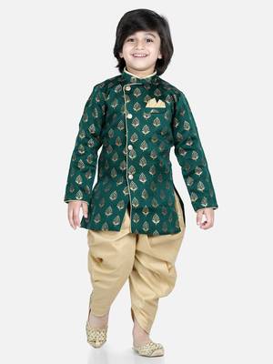 BownBee Full Sleeve Jacquard Sherwani for Boys- Green 1