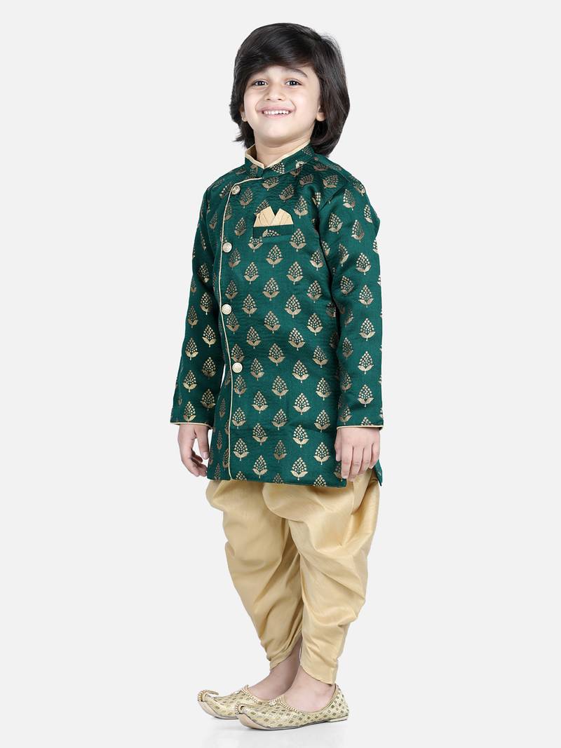 BownBee Full Sleeve Jacquard Sherwani for Boys- Green