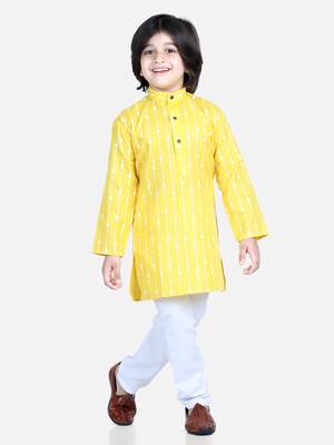BownBee Printed Full Sleeve Cotton Kurta Pajama for Boys- Yellow 1