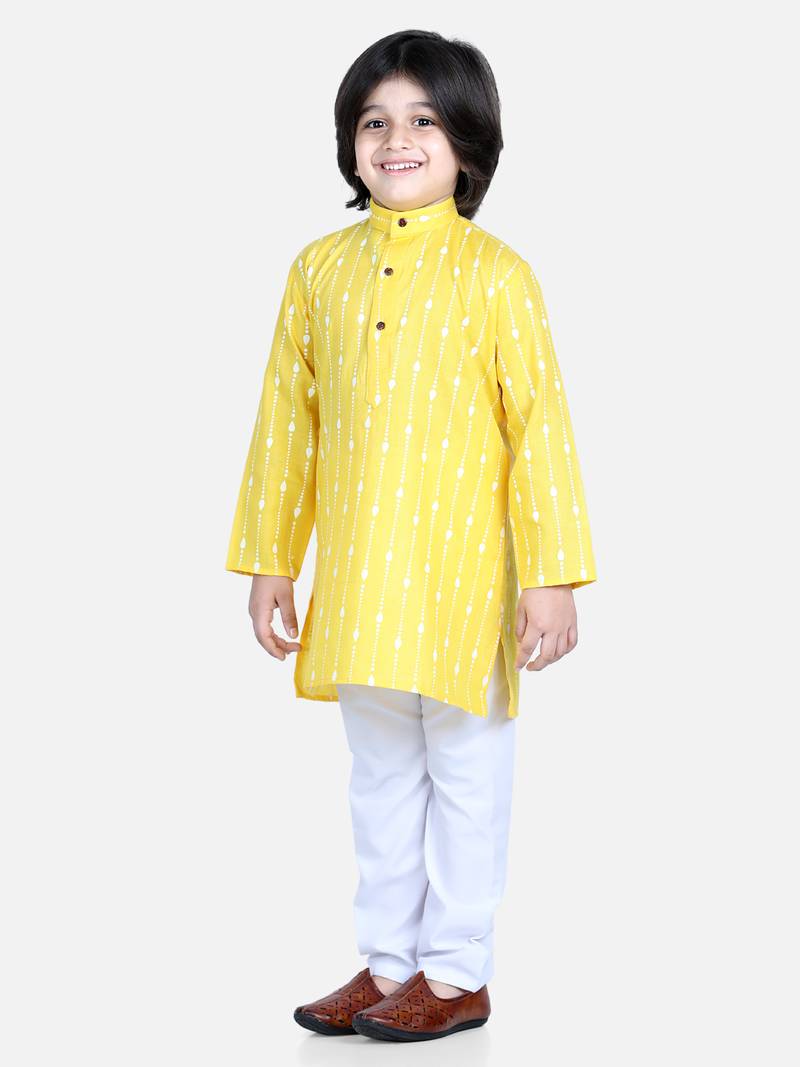 BownBee Printed Full Sleeve Cotton Kurta Pajama for Boys- Yellow