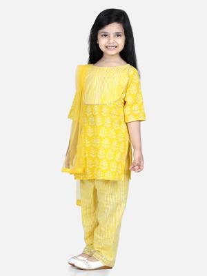 BownBee Pure Cotton Printed Kurti with Pant for Girls- Yellow 1