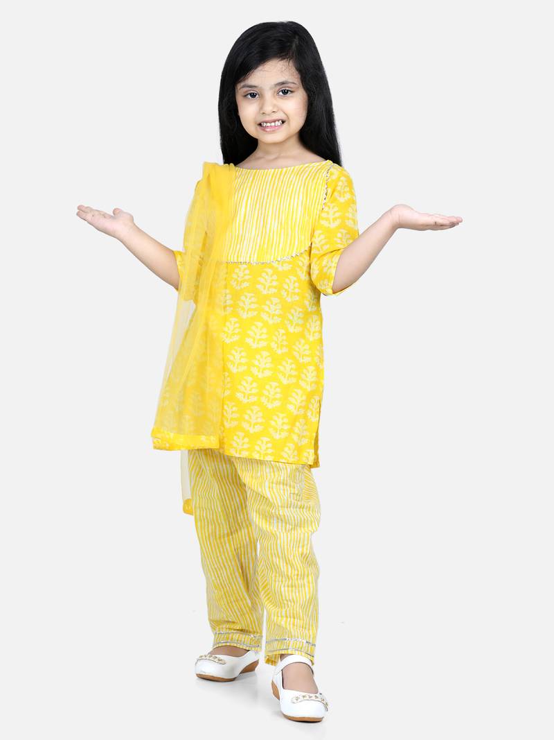 BownBee Pure Cotton Printed Kurti with Pant for Girls- Yellow