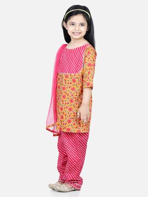 BownBee Pure Cotton Printed Kurti with Pant for Girls- Pink 3