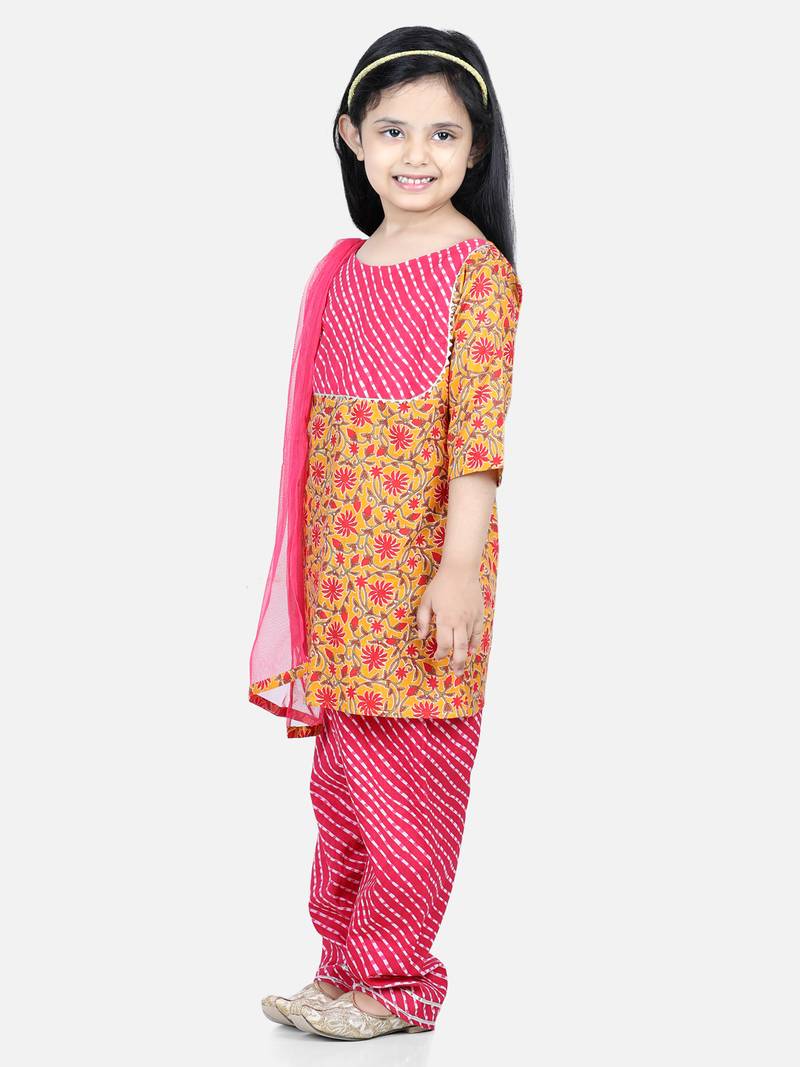 BownBee Pure Cotton Printed Kurti with Pant for Girls- Pink