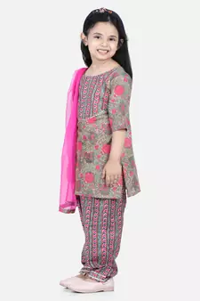 BownBee Pure Cotton Printed Kurti with Pant for Girls- Green