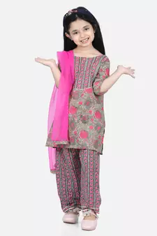 BownBee Pure Cotton Printed Kurti with Pant for Girls- Green
