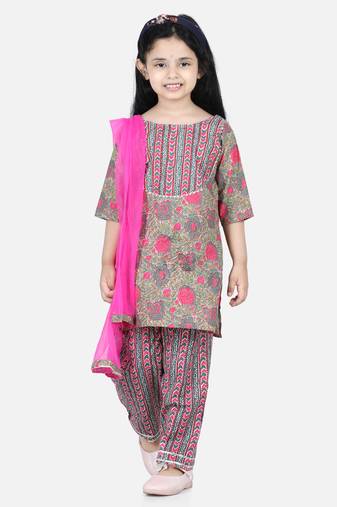 BownBee Pure Cotton Printed Kurti with Pant for Girls- Green