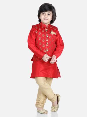 BownBee 3 Piece Jacquard Jacket Silk Kurta Pajama for Boys-Red 1