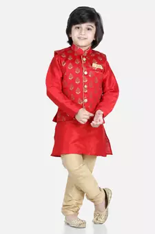 BownBee 3 Piece Jacquard Jacket Silk Kurta Pajama for Boys-Red