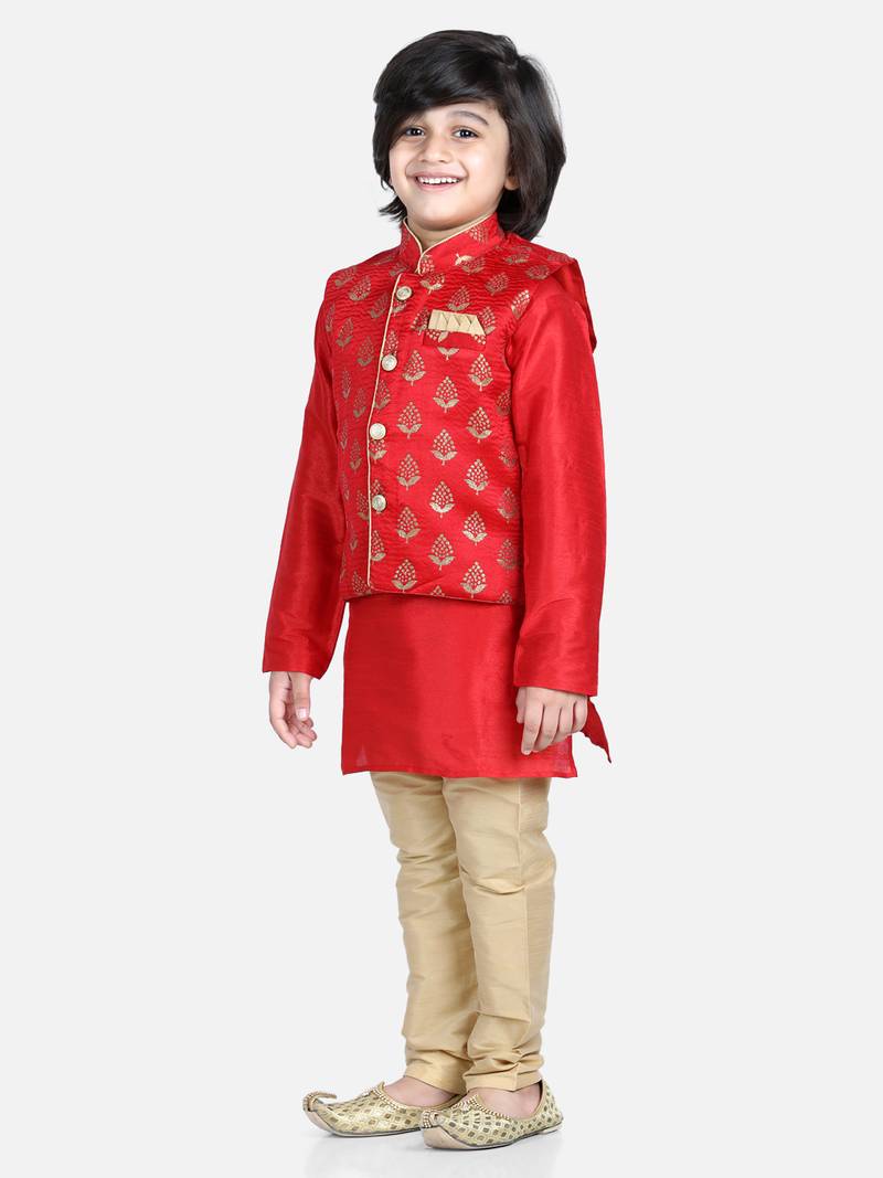 BownBee 3 Piece Jacquard Jacket Silk Kurta Pajama for Boys-Red