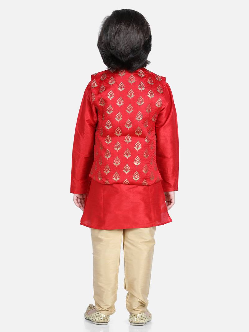 BownBee 3 Piece Jacquard Jacket Silk Kurta Pajama for Boys-Red