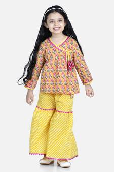 BownBee Block Print Cotton Angrakha with Sharara- Yellow
