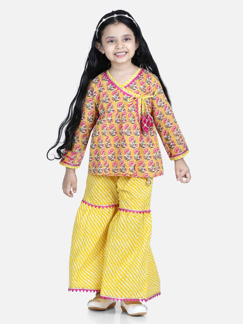 BownBee Block Print Cotton Angrakha with Sharara- Yellow