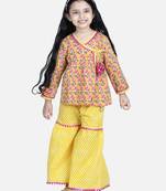 BownBee Block Print Cotton Angrakha with Sharara- Yellow